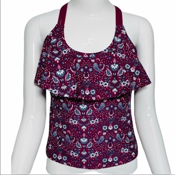 ARIZONA BURGUNDY SWIMWEAR RUFFLE FRONT TOP BACK MACRAME MEDIUM NEW - Picture 1 of 2